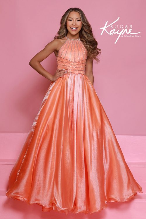 Girls orange halter neck pageant gown with rhinestone bodice and shimmer organza ballgown skirt - sugar kayne formal dress for stage or competition wear.